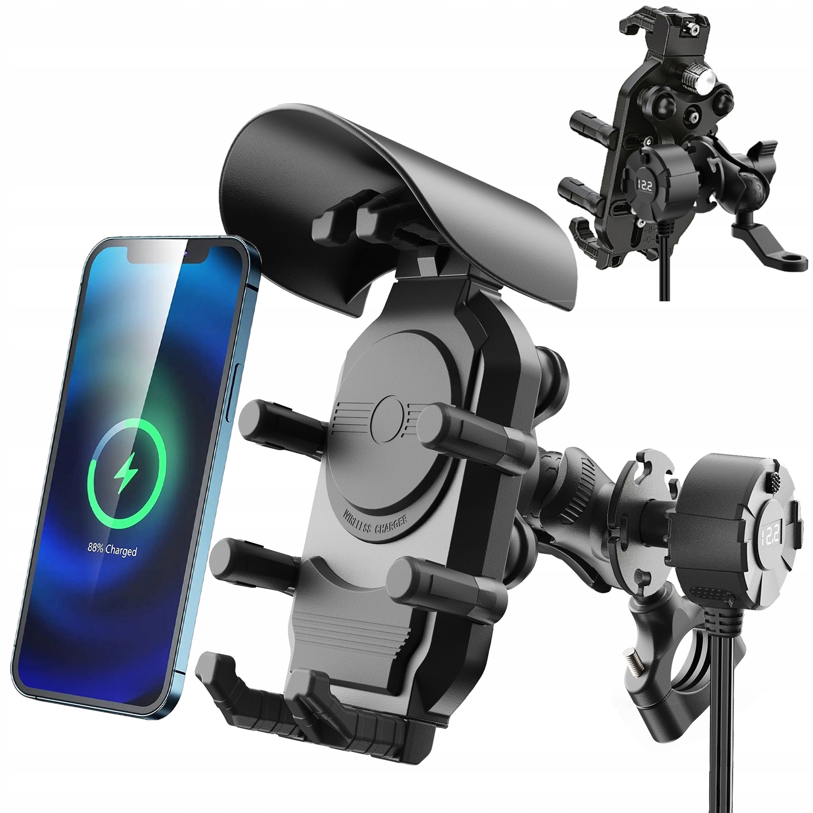 Motocyklový Držák Antivibrační Nabíječka 15W Qi Usb-c Pd 36W Voltmetr