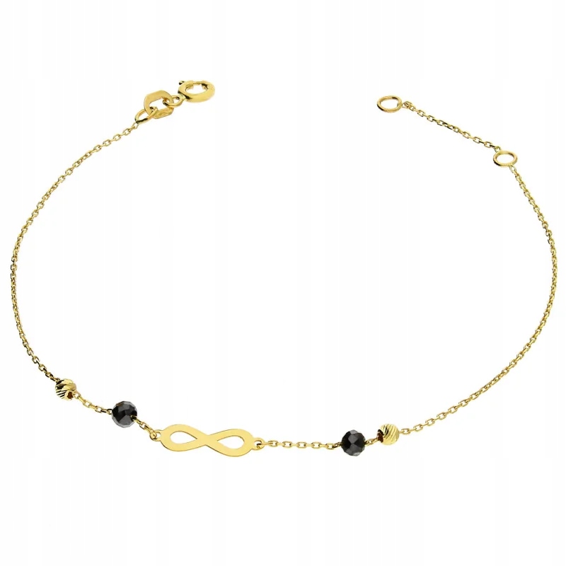 Zlatý dámský náramek 585 nekonečno a černé kuličky elegantní 14k