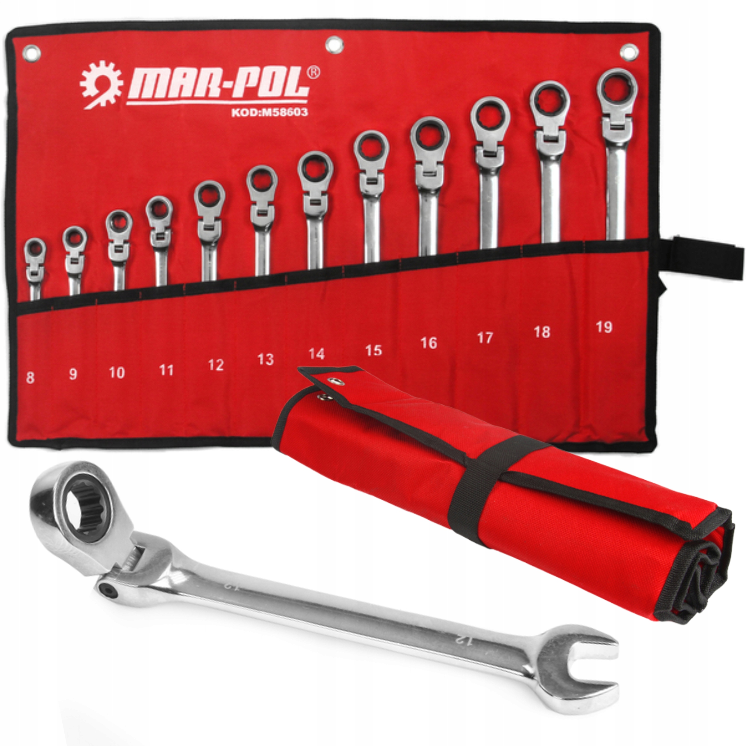 KLUCZE 8-19MM PŁASKO OCZKOWE Z GRZECHOTKĄ ŁAMANE ZESTAW KLUCZY 12 SZTUK