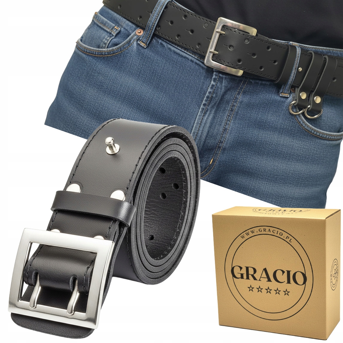 Pasek skórzany męski Gracio spodni wojskowy czarny długość 145 cm