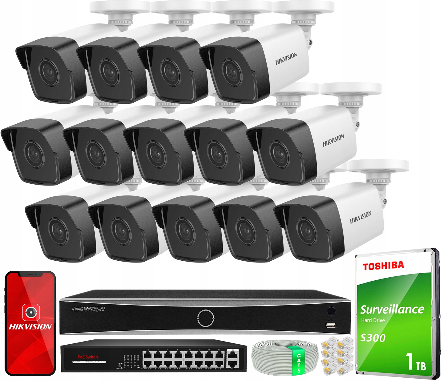 Monitorovací sada 14 x 4MPx venkovní kamera Hikvision PoE Hik aplikace