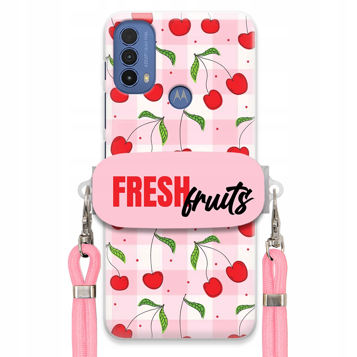 Pouzdro pro Motorola E30 Case Držák Šňůrka Růžová Fresh Fruits Mřížka Ovoce