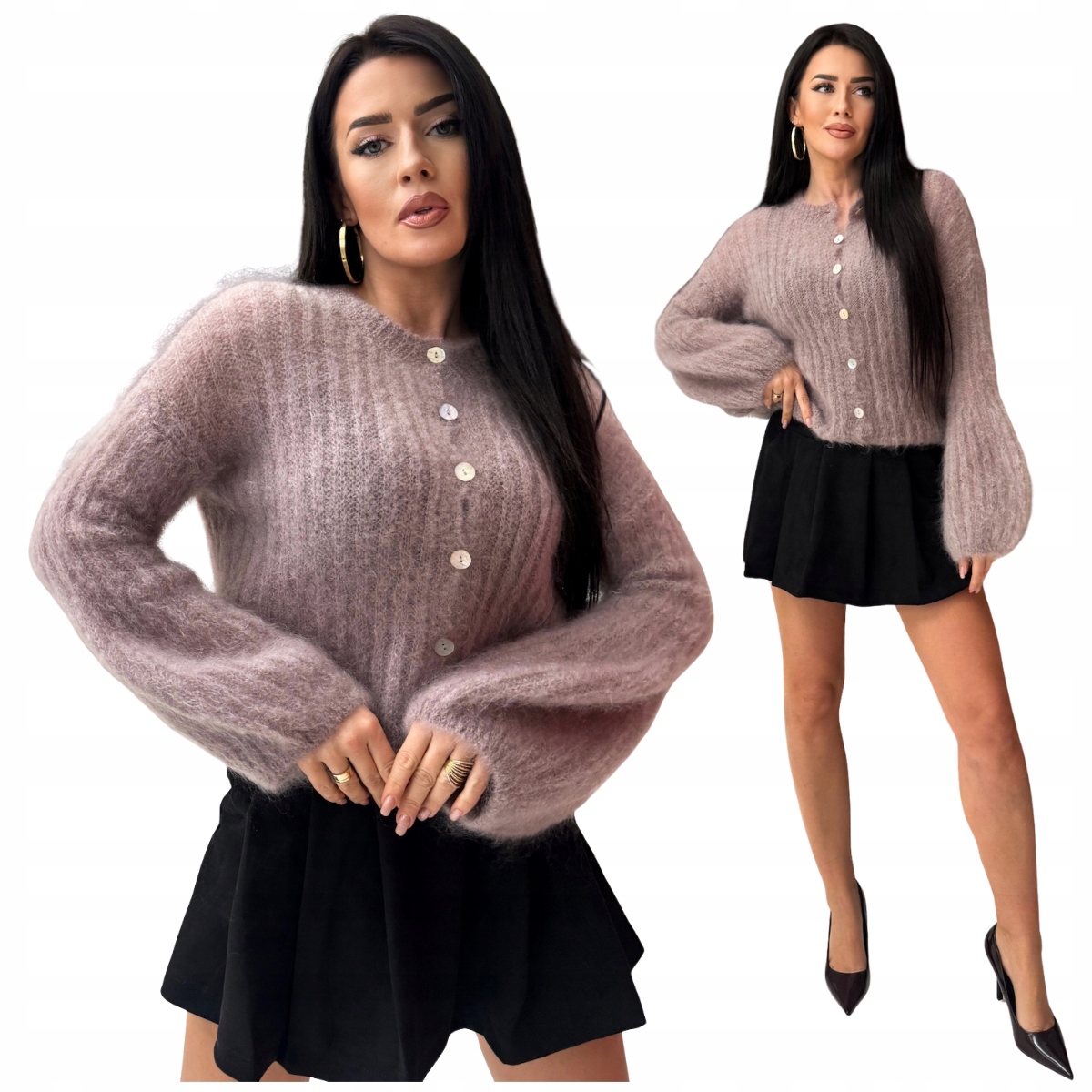 Mohérový svetr na knoflíky rukáv zvonek starorůžová teplý One size