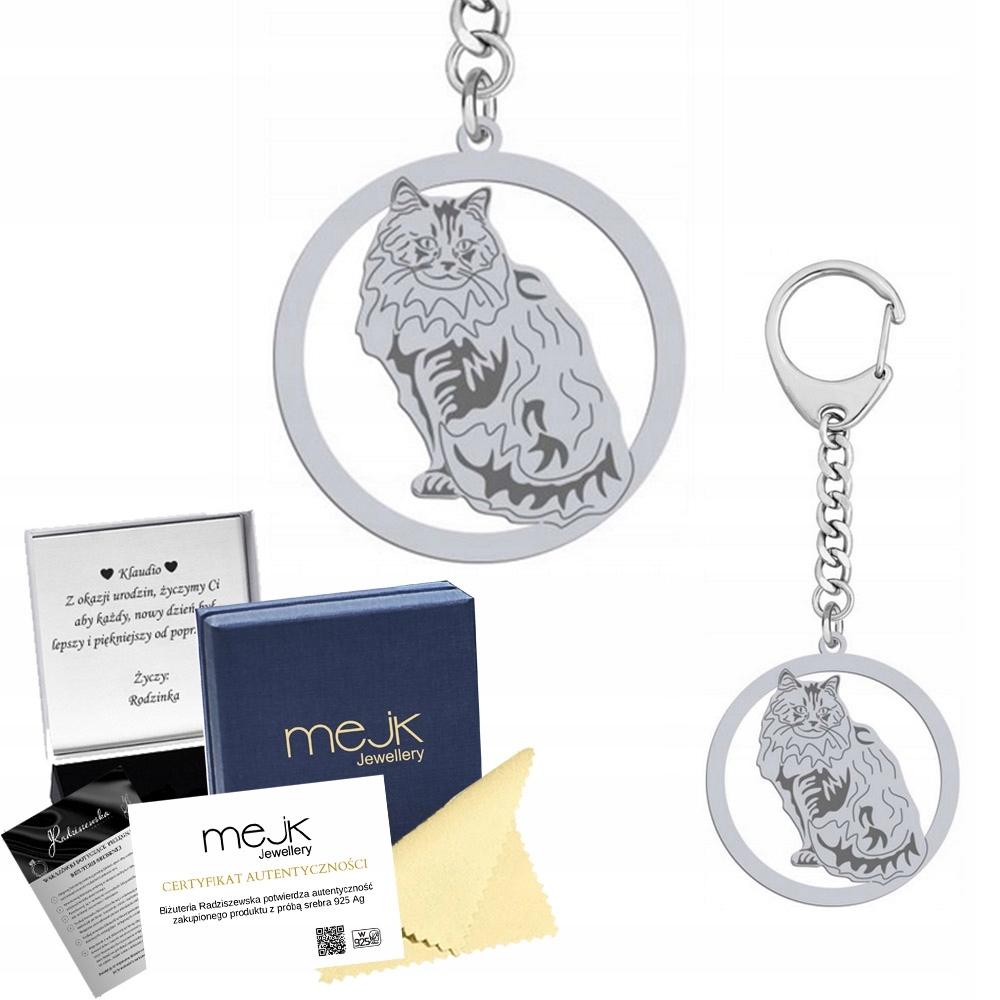 Přívěsek Na Klíče na klíče Stříbrný Kočka Norská Lesní 925 Šperky jako Dárek Gravírování