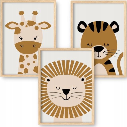 3 X Plakat Foto Obraz 40x60 Safari Lew Tygrys Żyrafa Zwierzęta Boho 60x40