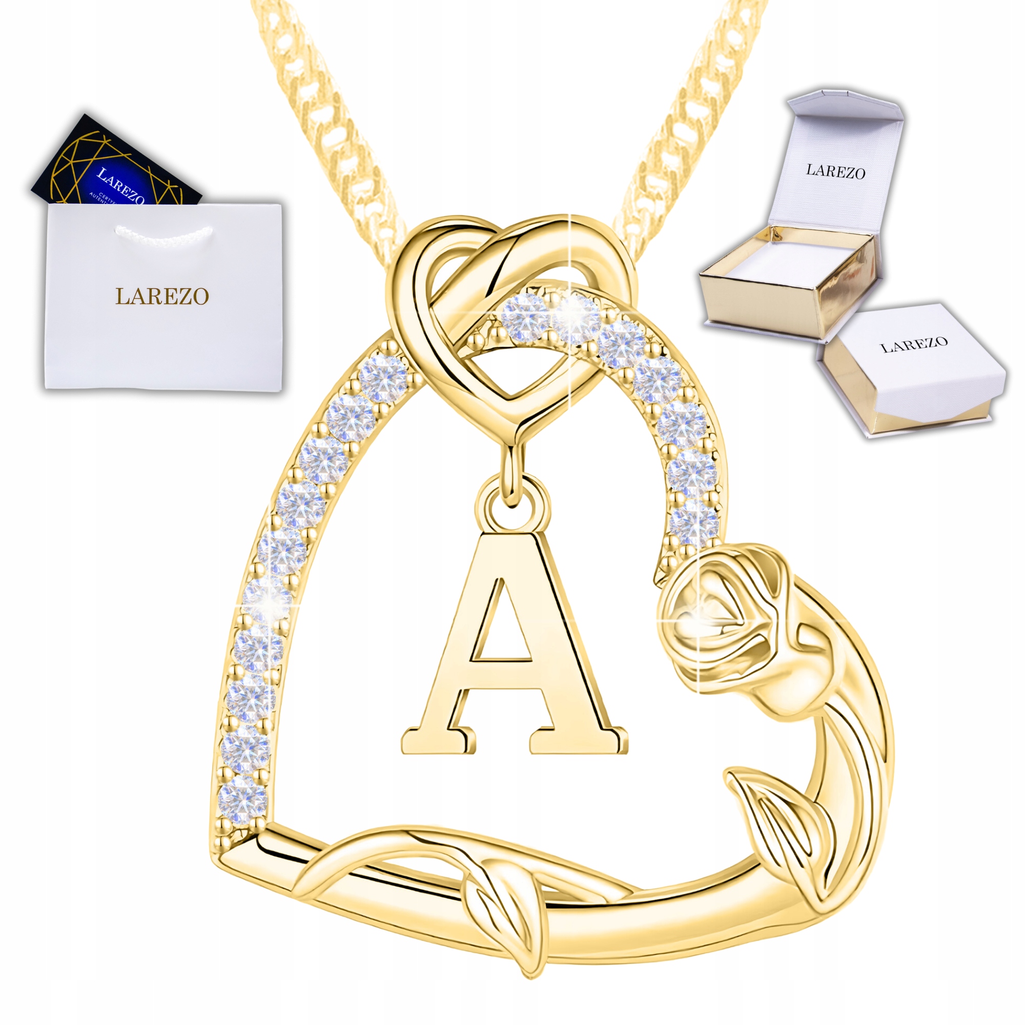 Zlatý náhrdelník Srdce s písmenkem Stříbro Květina Růže Písmeno A Pozlacený 585