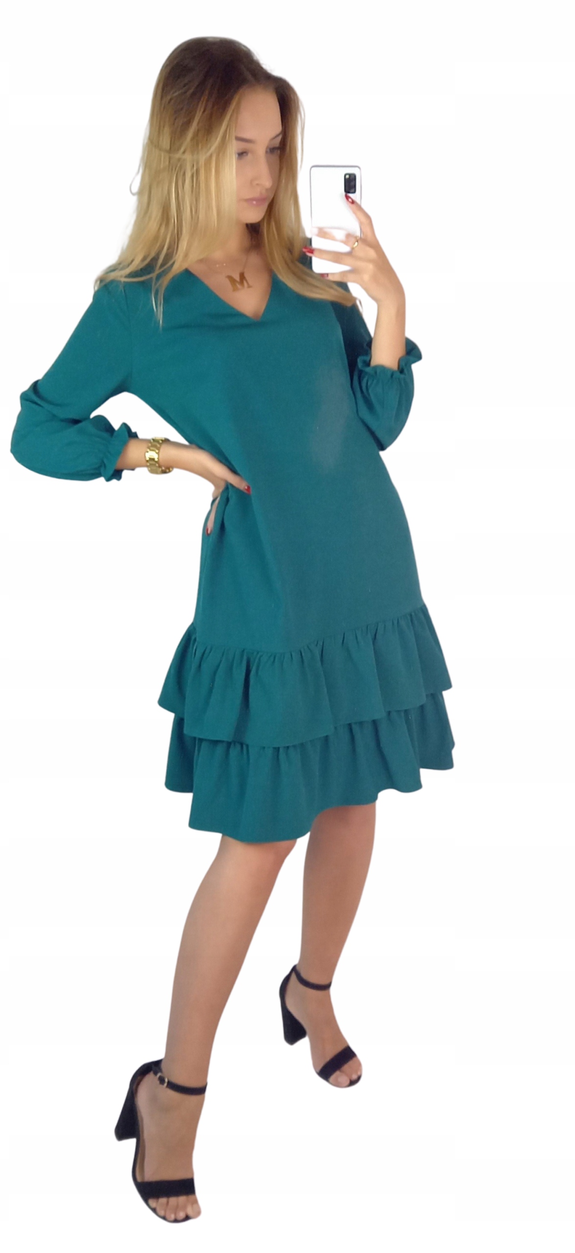 

Elegancka Sukienka Lena Zielona falbany wesele -42