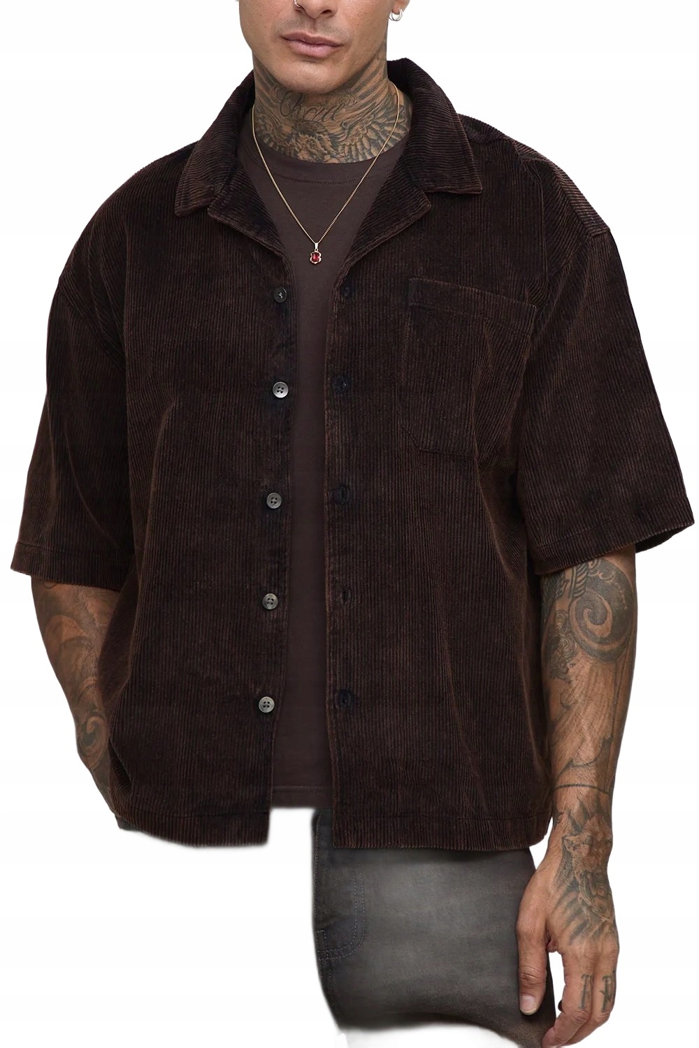 Boohooman Pánská Košile Casual Krátký Rukáv Hnědá Manšestr XL Z3A