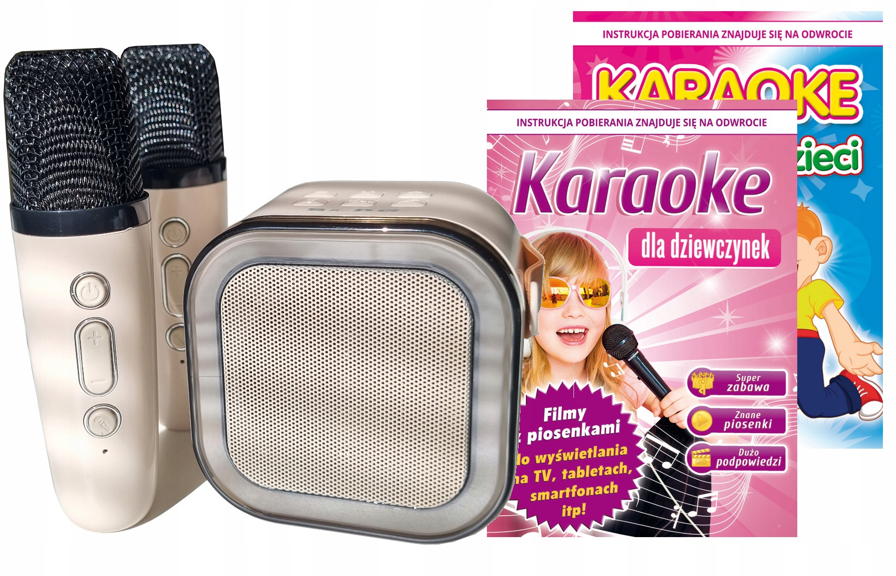 BEZPRZEWODOWY GŁOŚNIK Bluetooth + 2 Mikrofony + 100 Piosenek dla Dzieci