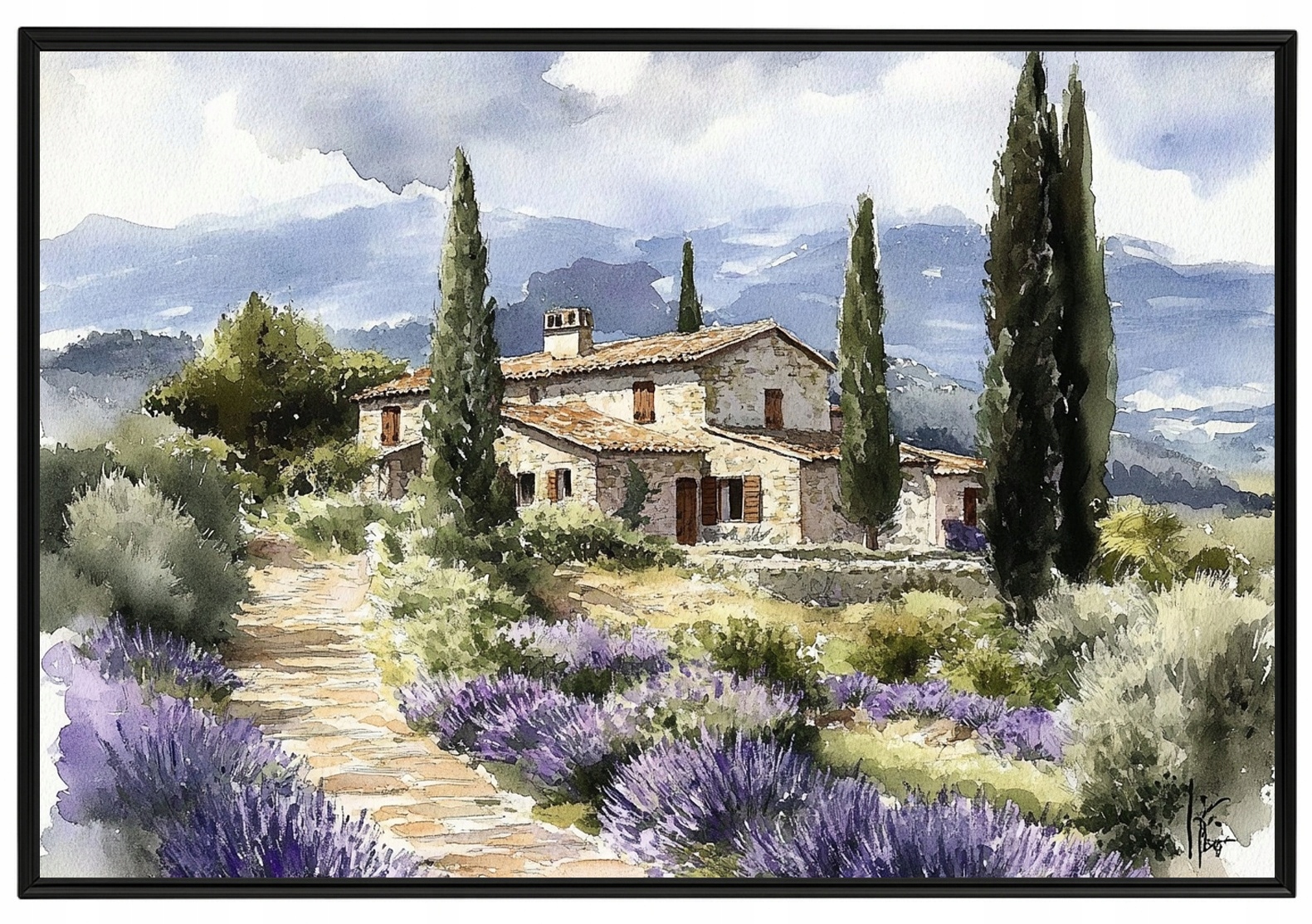 Plakát Rámeček Aluminium Itálie Toskánsko Levandule Cypřiš Kamenný Dům 60x40