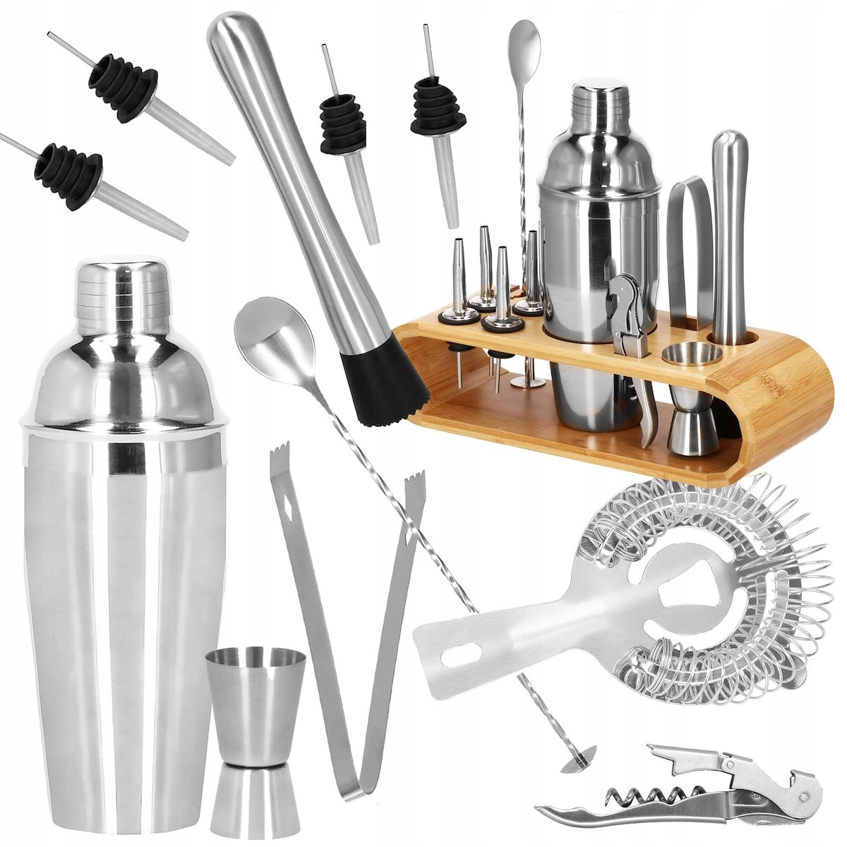 

Zestaw Barmański Shaker 750ML Stojak Bambus 12 El.