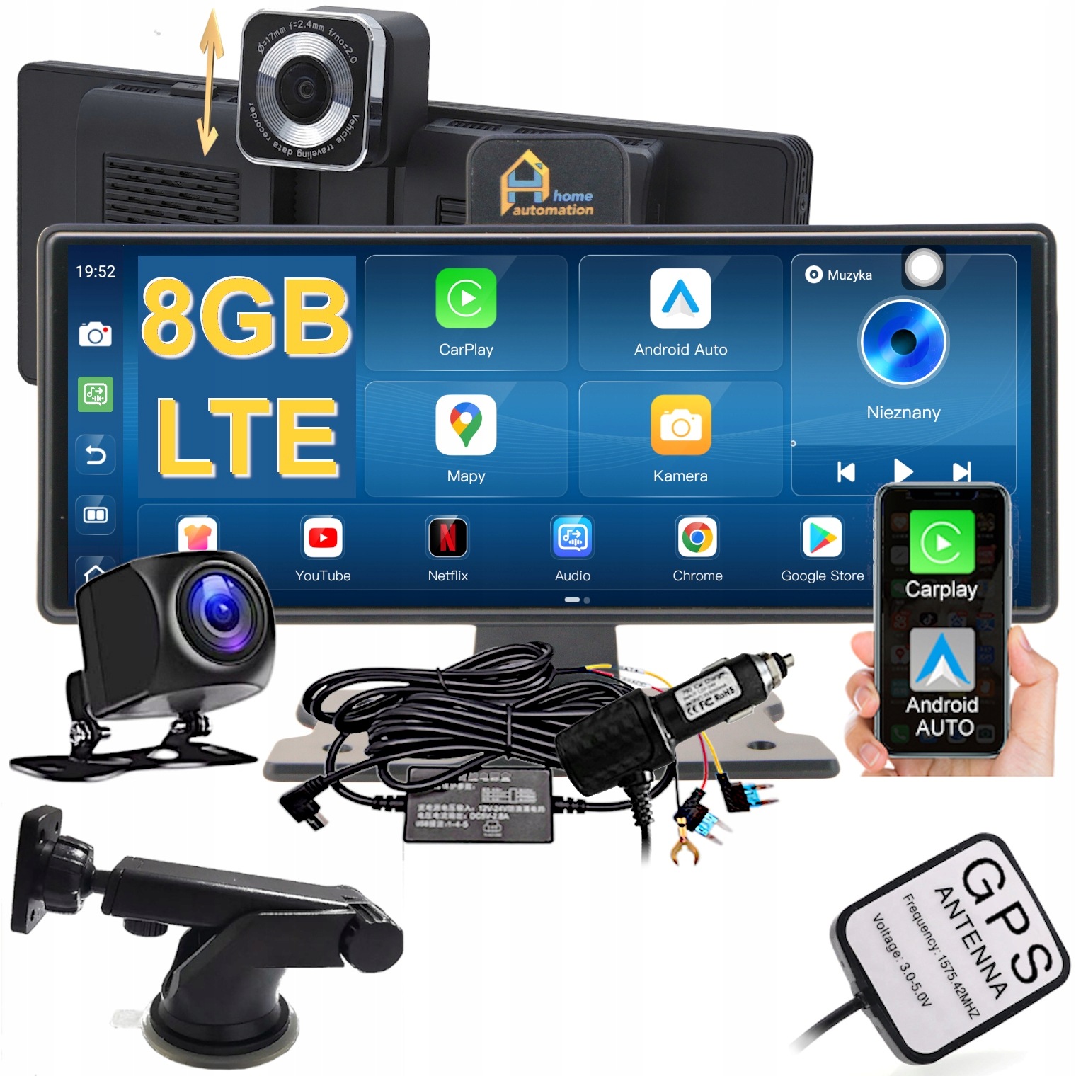 Stacja Sim Lte Radio Rejestrator Ekran CarPlay Android Kamera Nawigacja Gps