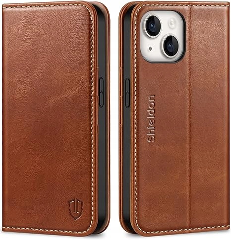 Shieldon naturalne etui skórzane do iPhone 14 13 stojak portfel brązowe