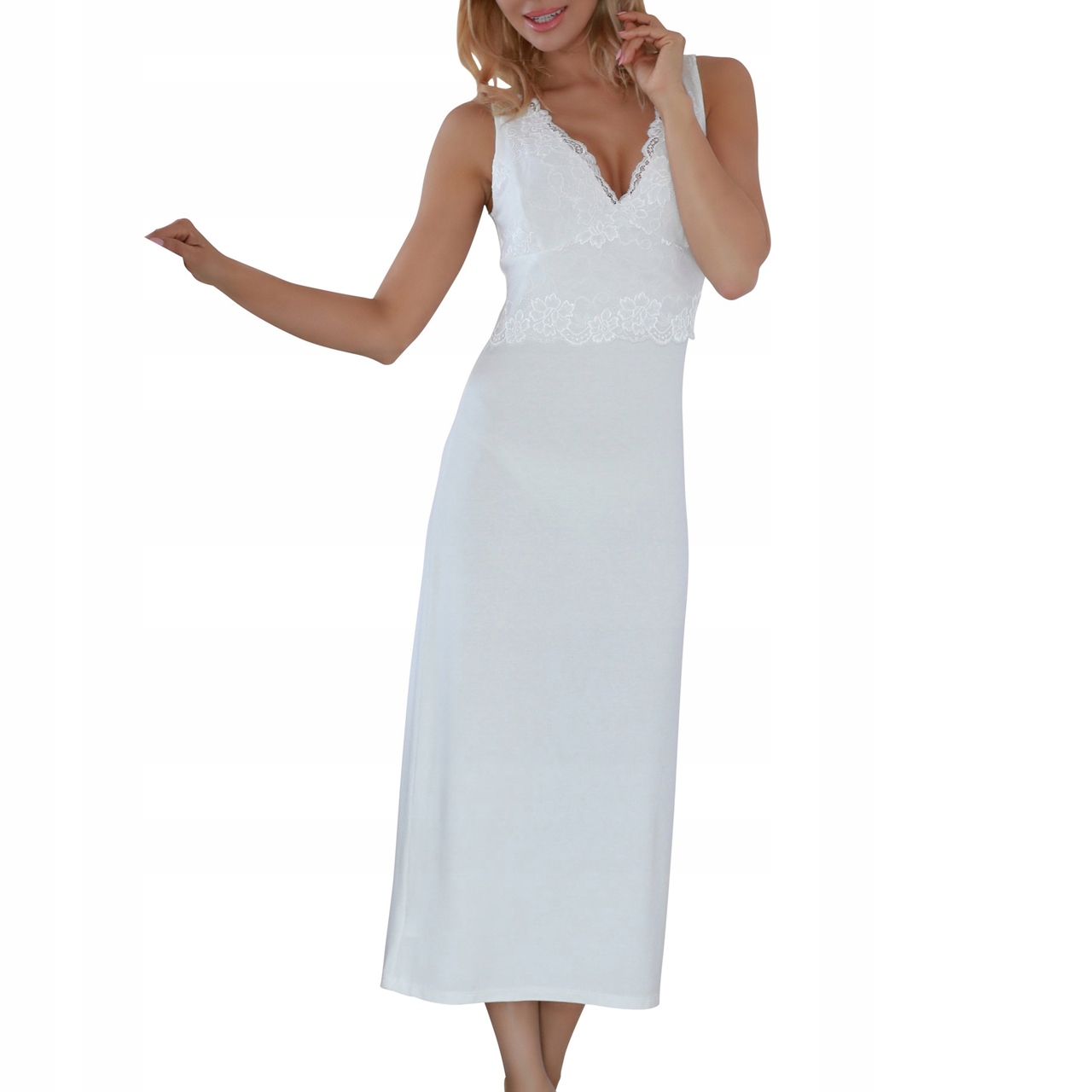 Sexy Tričko Noční Halka Panay L Ecru Dlouhá s krajkou Pyžamo Pyžamko