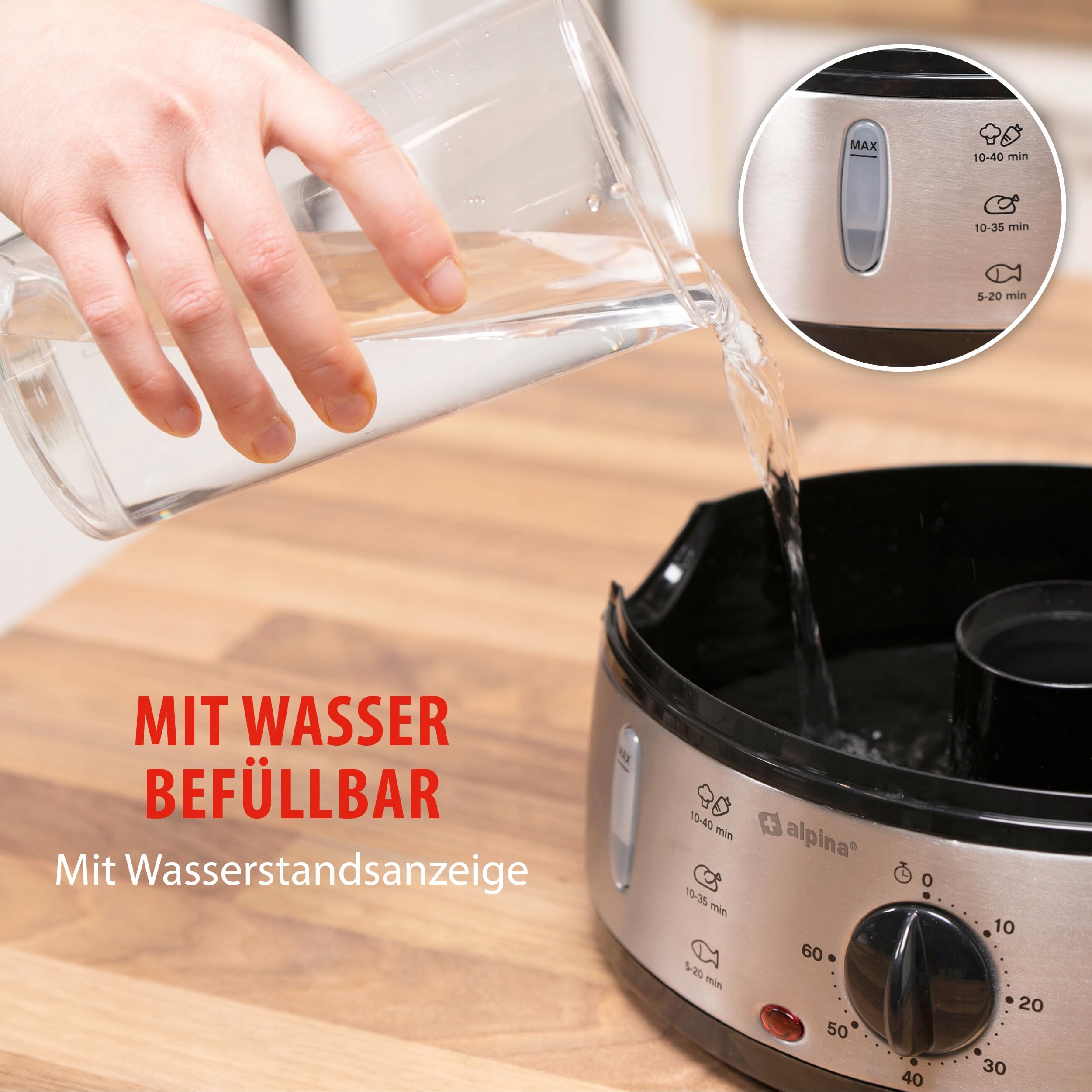 ALPINA Parowar 230V 800W 3 Poziomy BPA Free 9L Szary Plastik RVS — miniatura 6