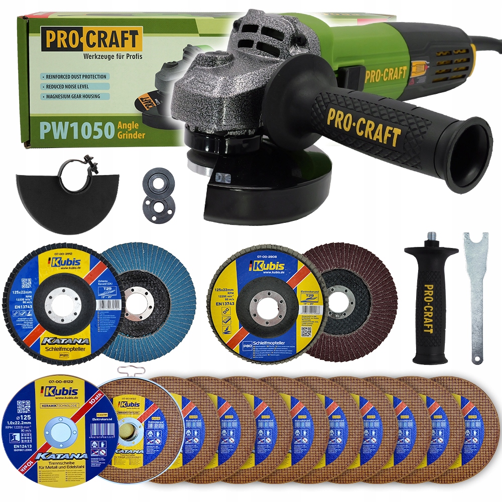 Bruska úhlová Procraft PW1050 10x řezný kotouč, 2x lamelový kotouč