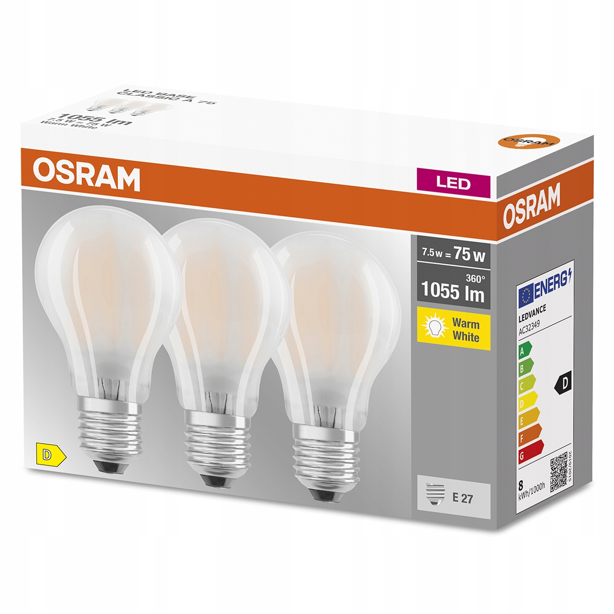

3X Żarówka Led E27 7,5W 75W 2700K Filament Osram