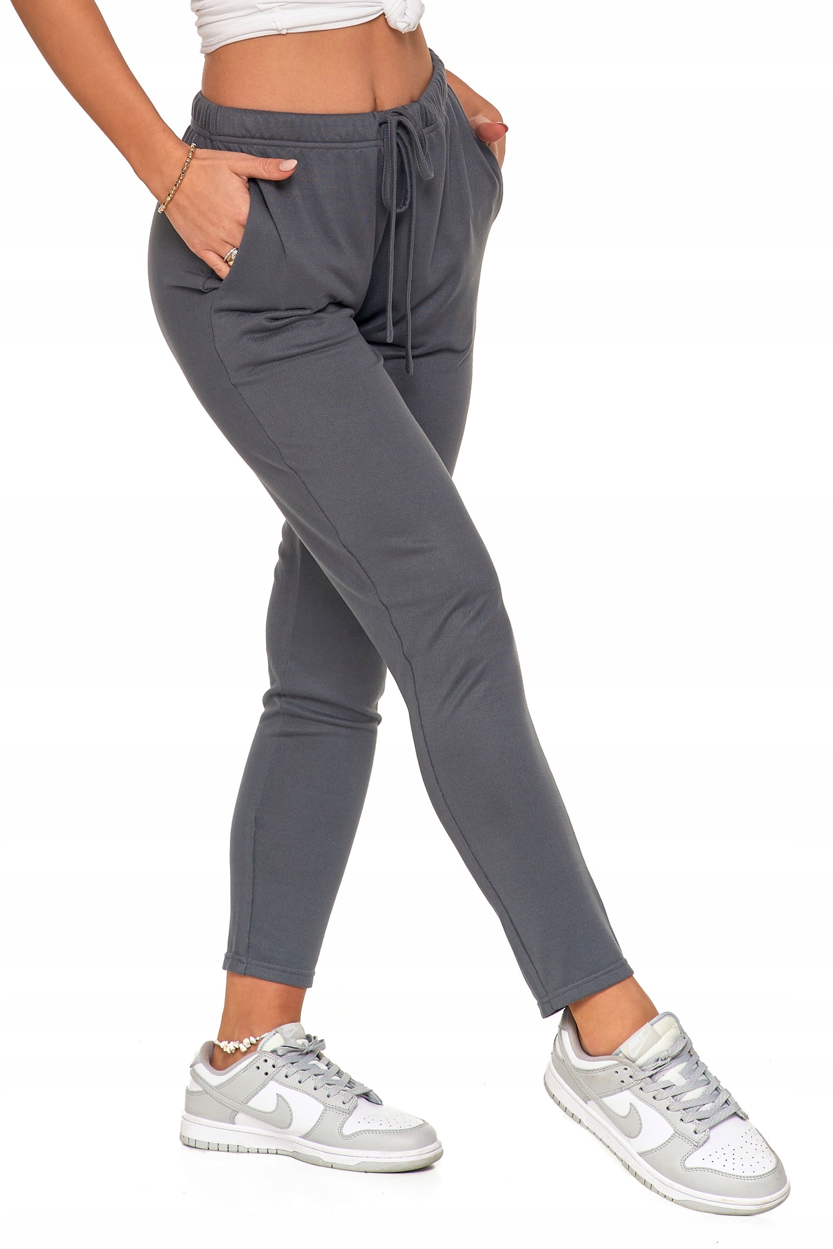 SPODNIE DRESOWE DAMSKIE SZARE Z PROSTĄ NOGAWKĄ KIESZENIE WIĄZANIE MORAJ R.S Fason proste