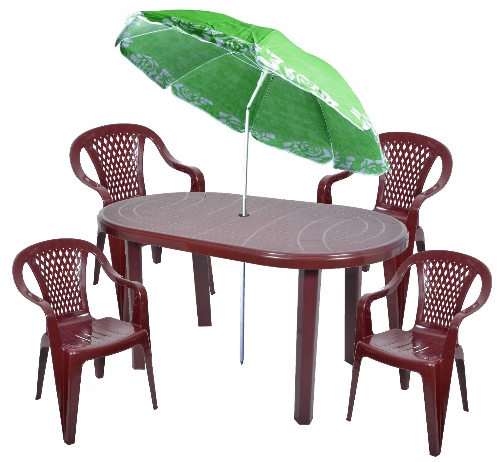 

Zestaw Ogrodowy 4+1 Parasol Krzesła Stół Bordowy
