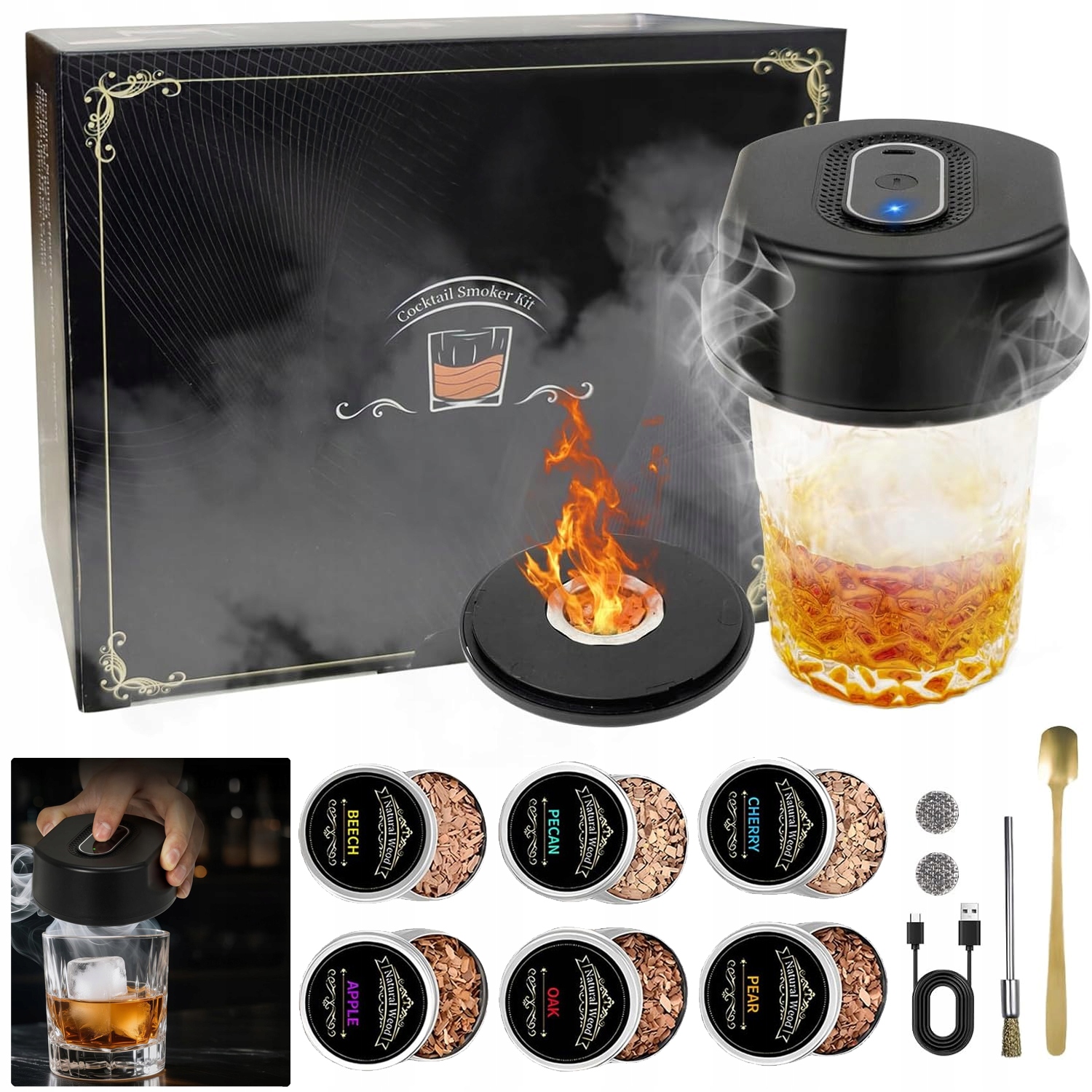 Sada Na Uzení Koktejlů Automatický Barový Smart Smoker S Nářadím