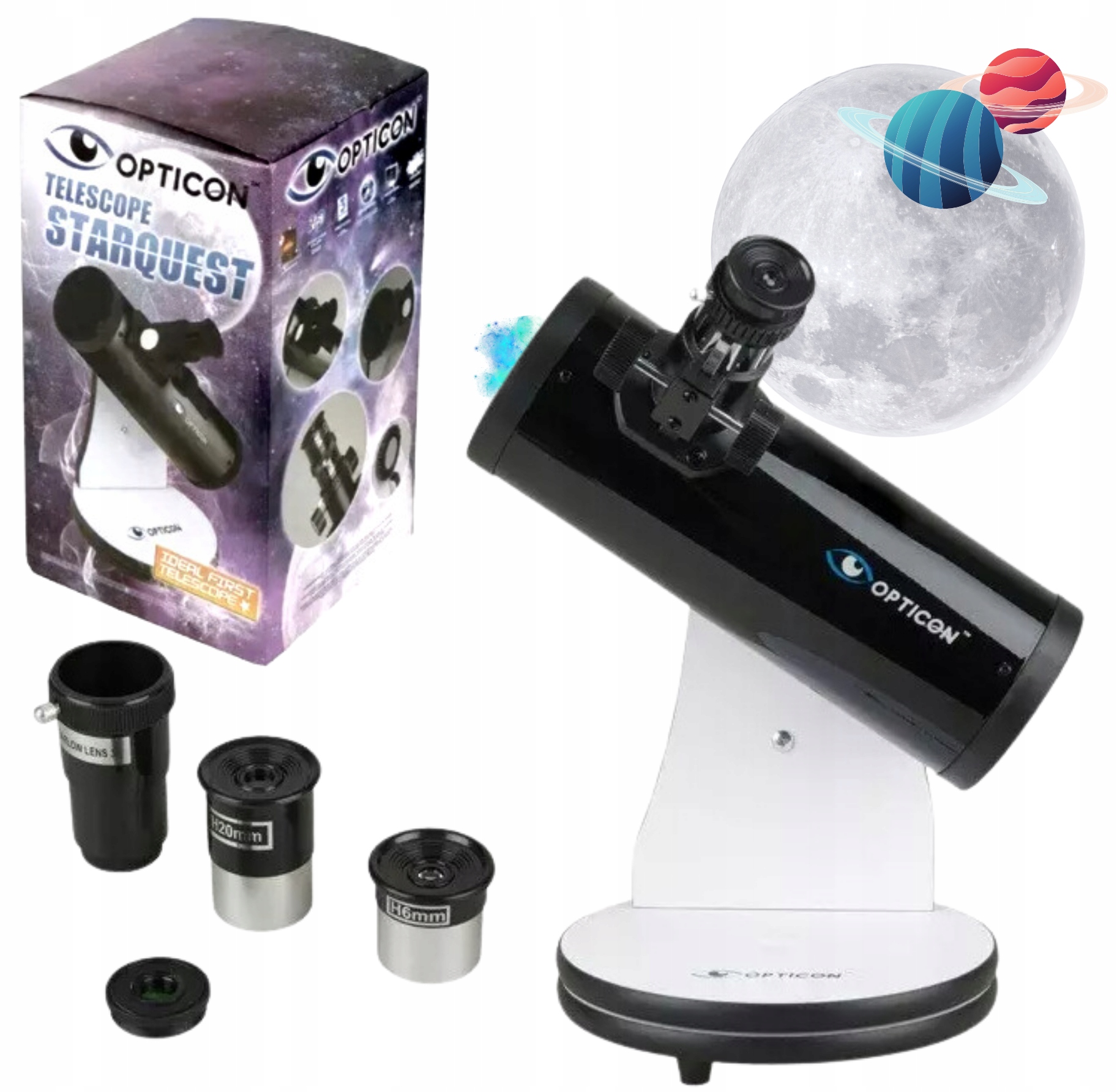 Teleskop Astronomiczny Luneta Opticon StarQuest 76F300DOB akcesoria