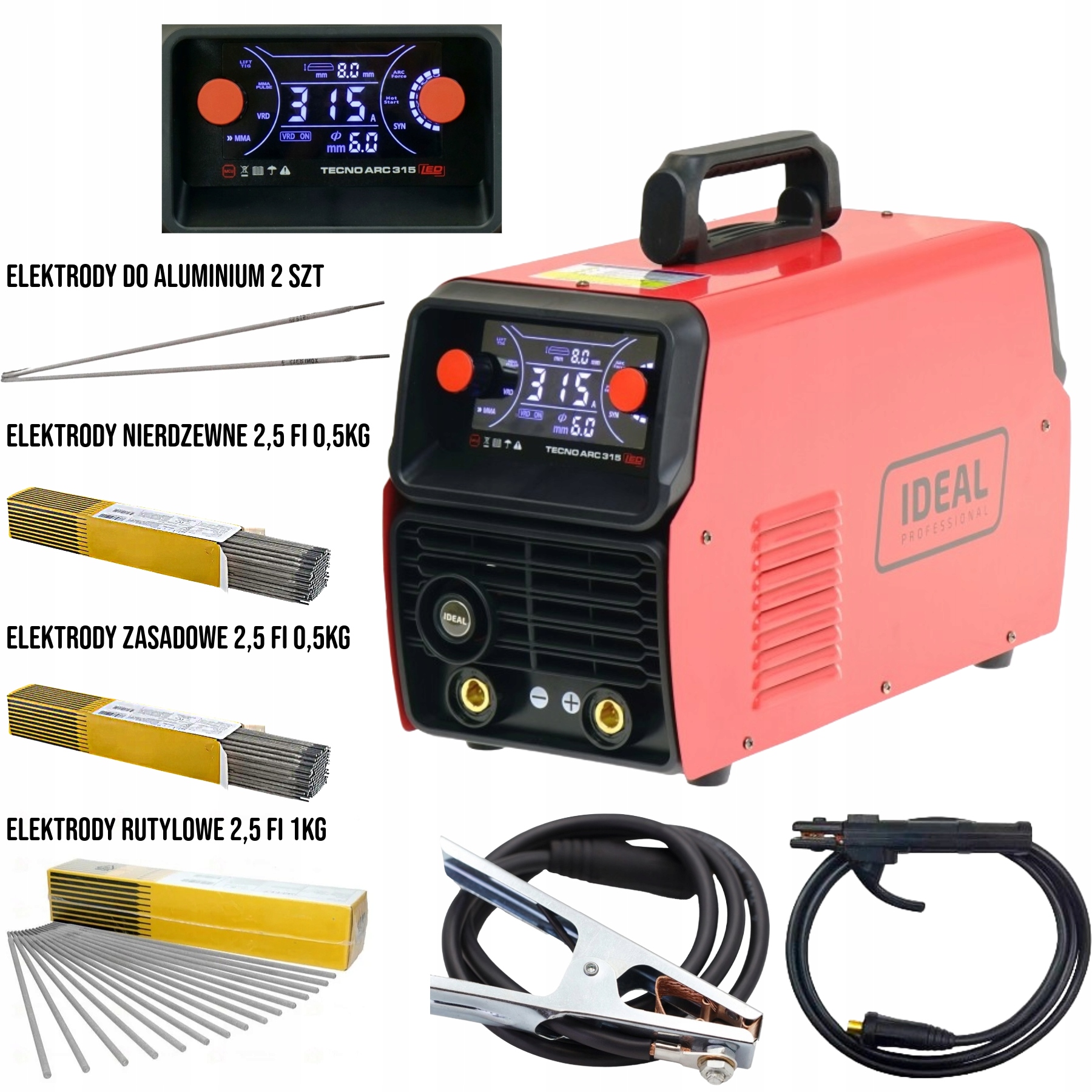 Spawarka inwertorowa Ideal Tecno Arc 315 Led Mma Tig DC 315A 400V-komplet