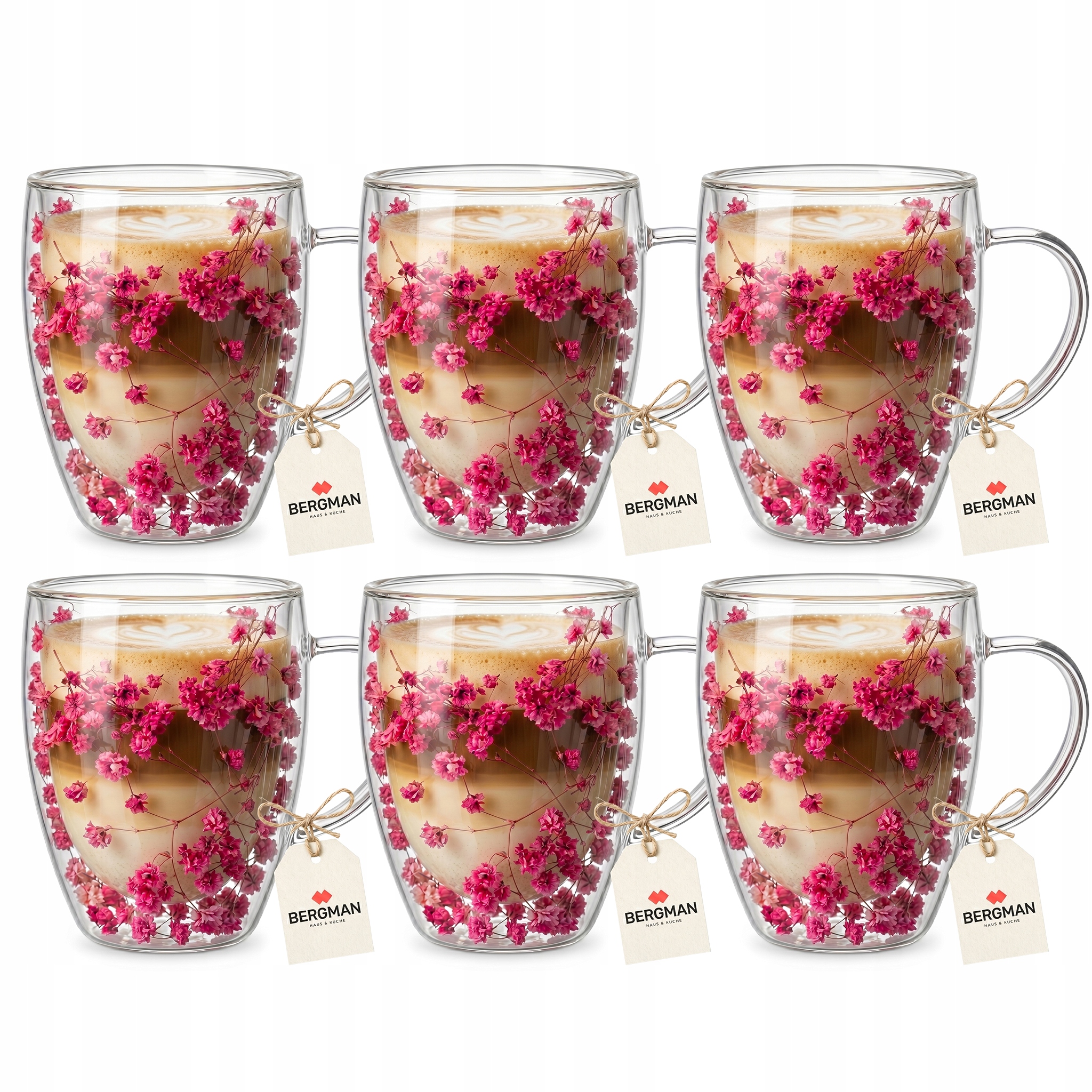 6x Szklanki Termiczne Do Kawy Latte Herbaty Kwiaty Z Podwójnym Dnem 350 ml