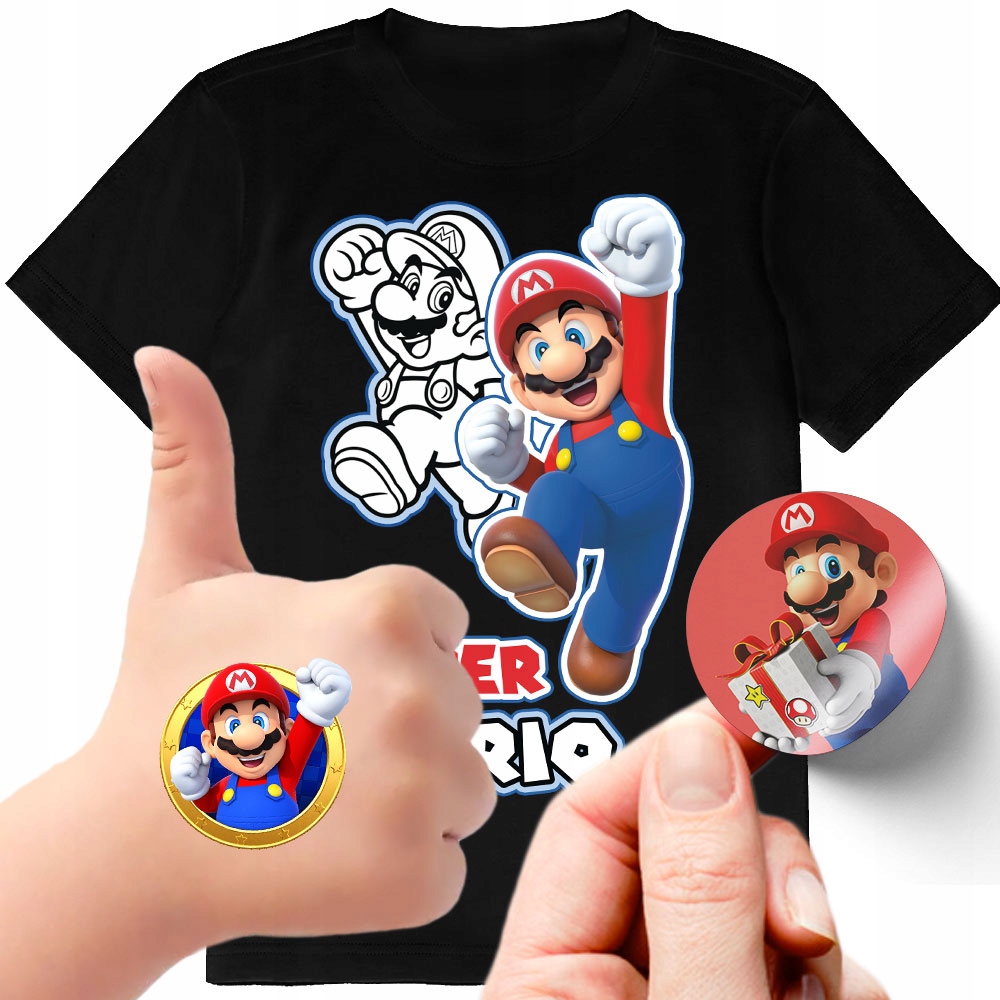 ZESTAW 3W1 KOSZULKA DLA DZIECI TATUAŻE NAKLEJKI SUPER MARIO BROS 164 JAKOŚĆ