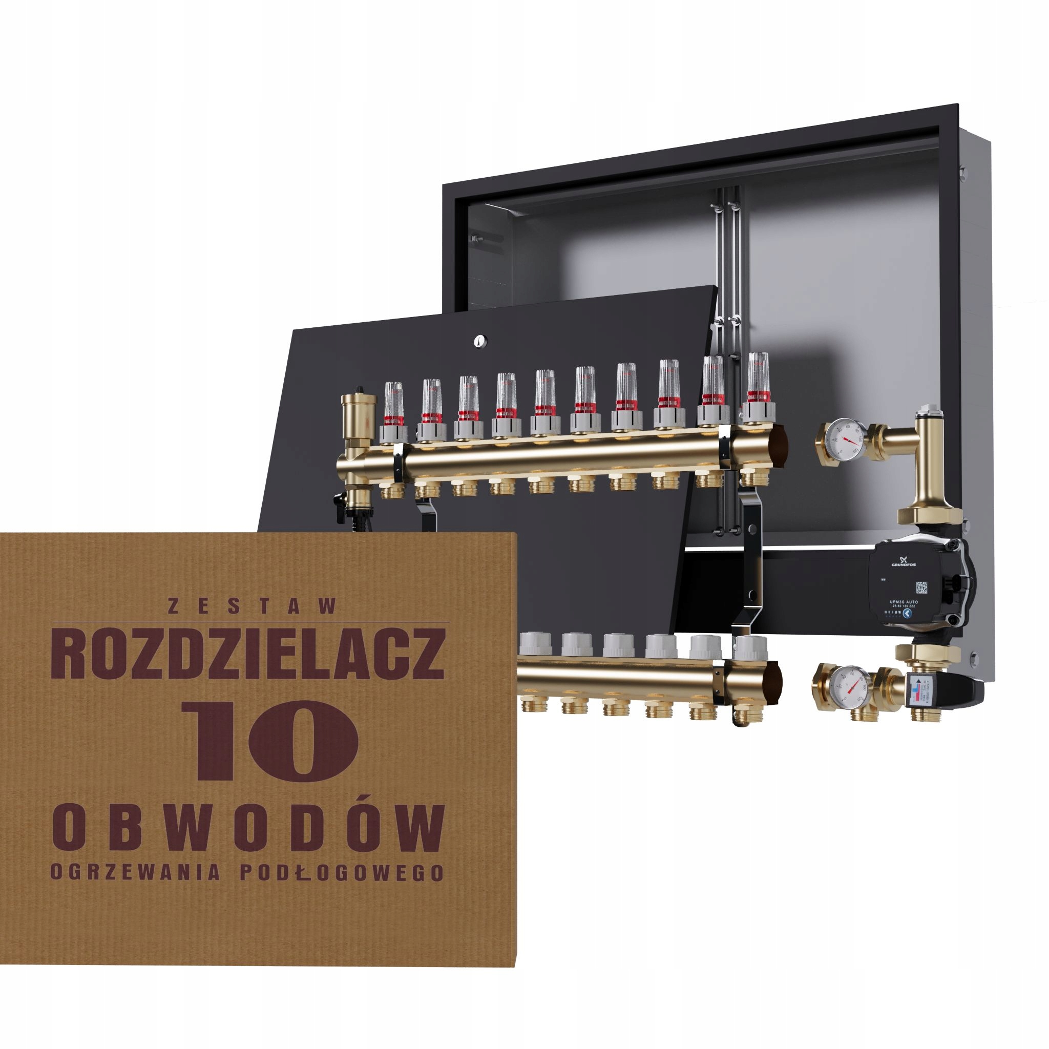 Rozdělovač pro podlahovku 10 okruhů se skupinou Grundfos podomítkový černý