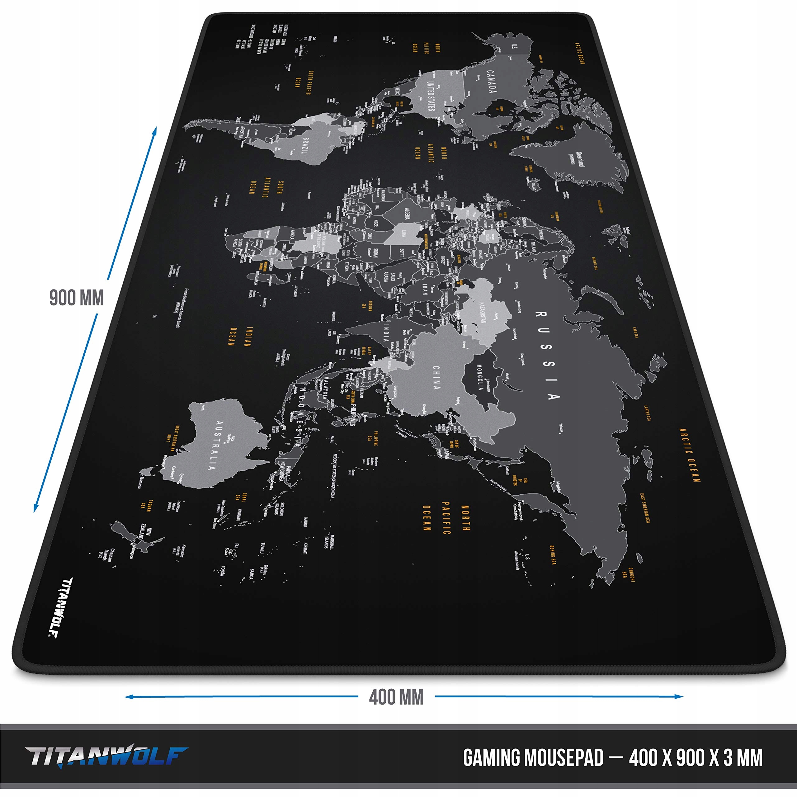 TITANWOLF Podkładka Gamingowa XXL 900x400 mm Mapa Świata Czarna — miniatura 3