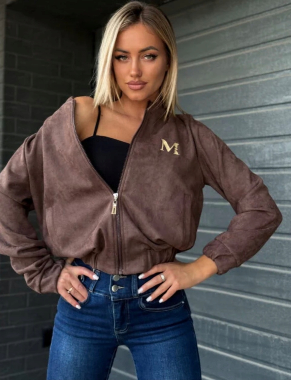 Módní bunda Bomber Dámská Semišová Hnědá Krátká L