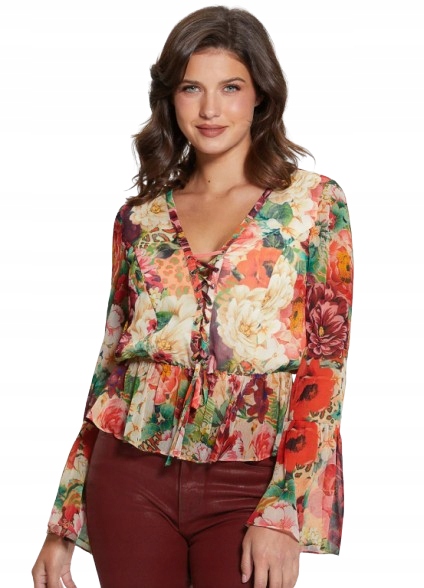 Guess Květinová Halenka Se Zavazováním A Volánem, Splývavá Xs Gme