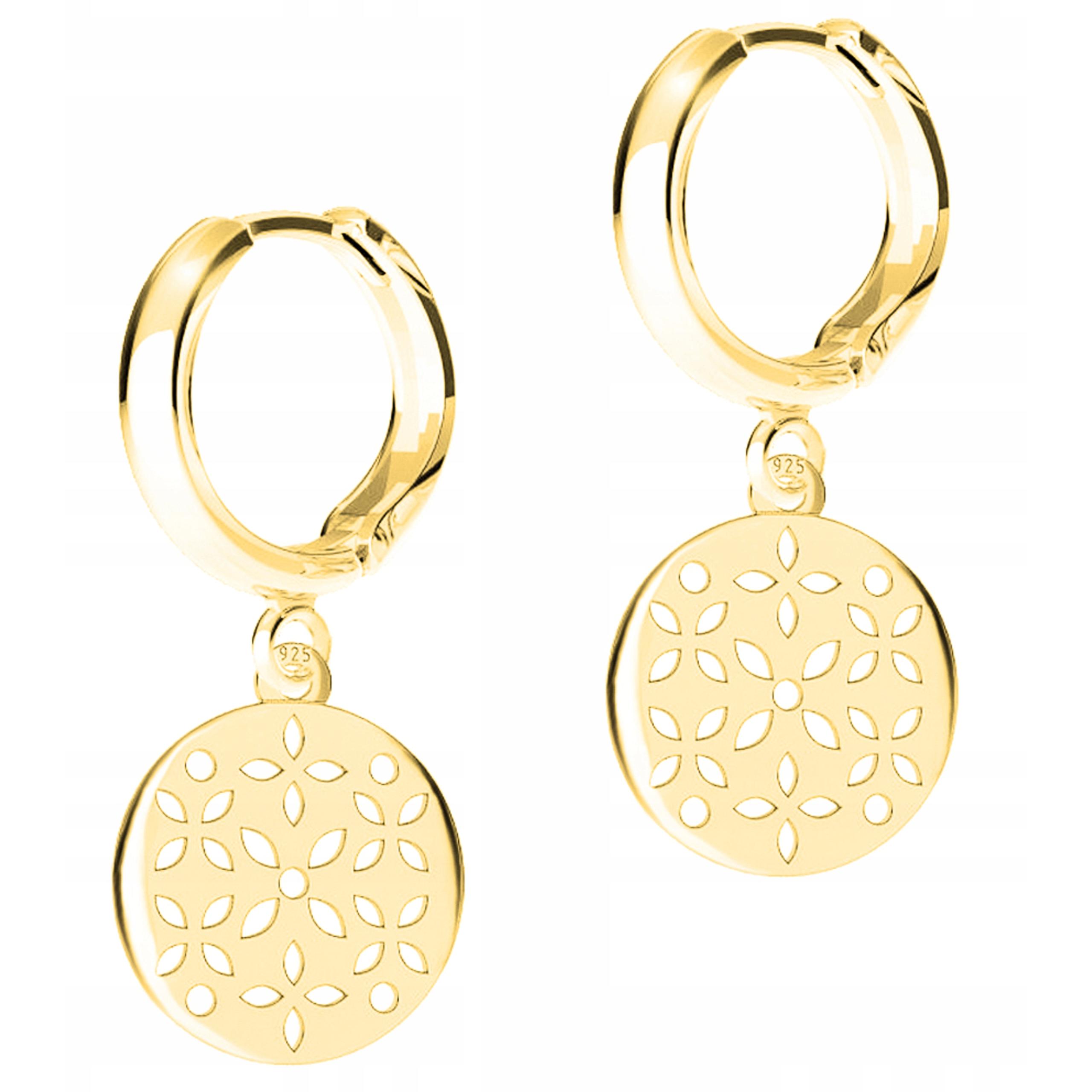 Zlaté Náušnice Kulaté plechy s květinami Ažurové květy Stříbro 925