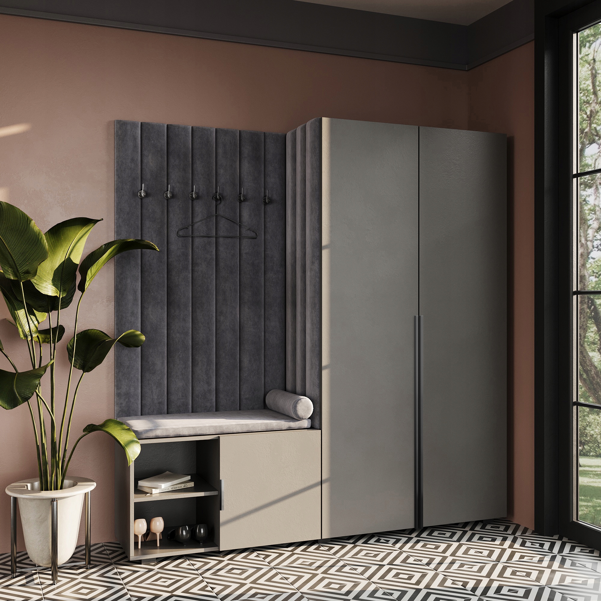 Předsíňová Skříň Do Předsíně S Sedákem, Šedá, Hexa, Černá 84