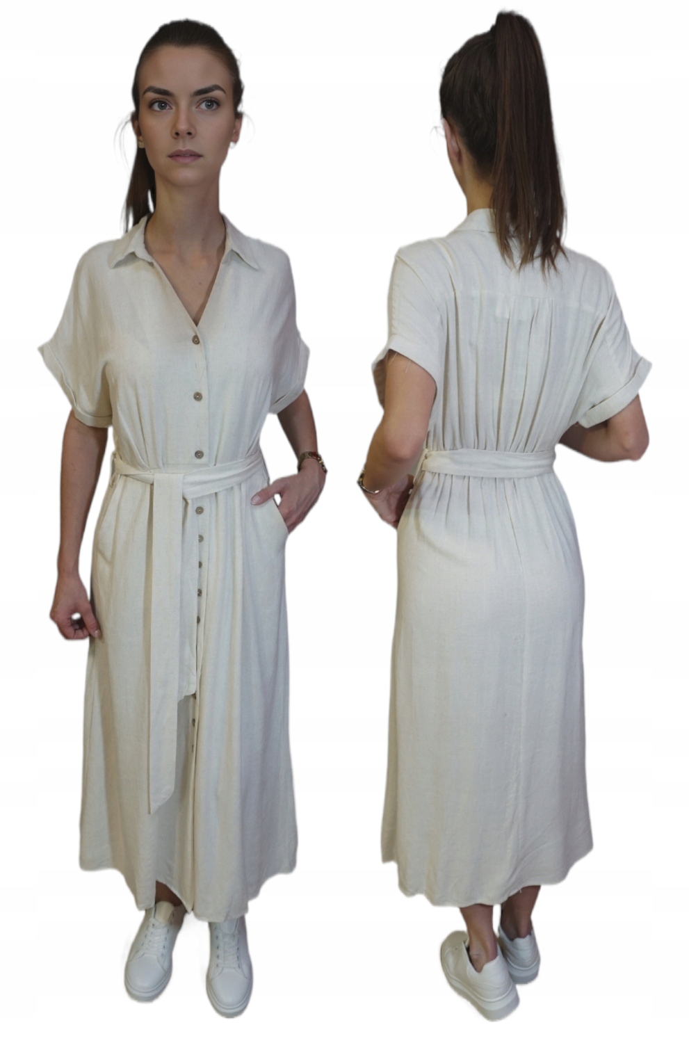 Dlouhé Šaty Maxi Len Béžové Rozepínací S Páskem Boho Styl