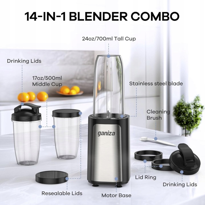 Mixér Ganiza GB1 900W 4 čepele 3 lahve 500/700 ml bez Bpa smoothie r7