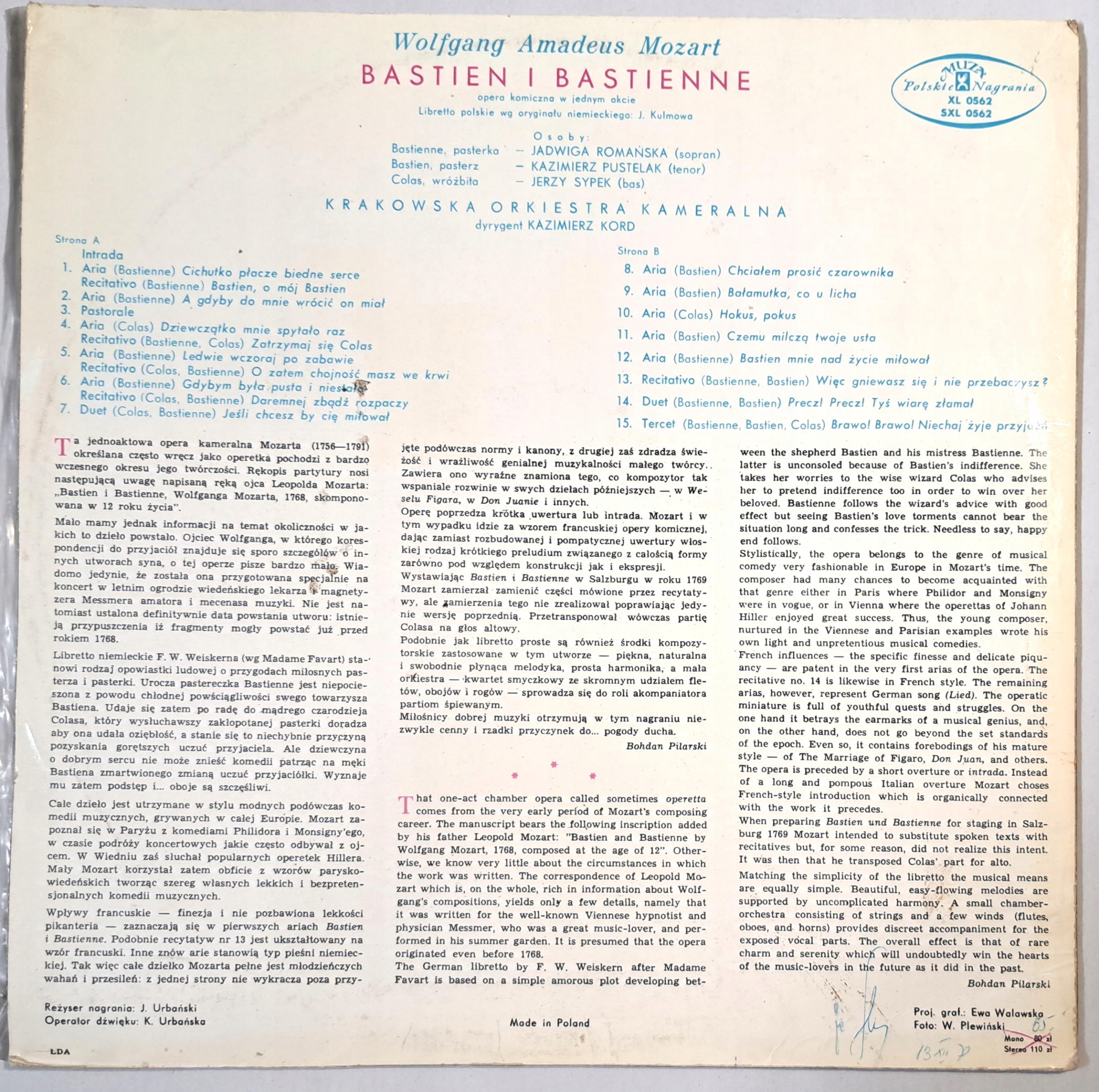 MOZART BASTIEN I BASTIENNE Gatunek opera, operetka