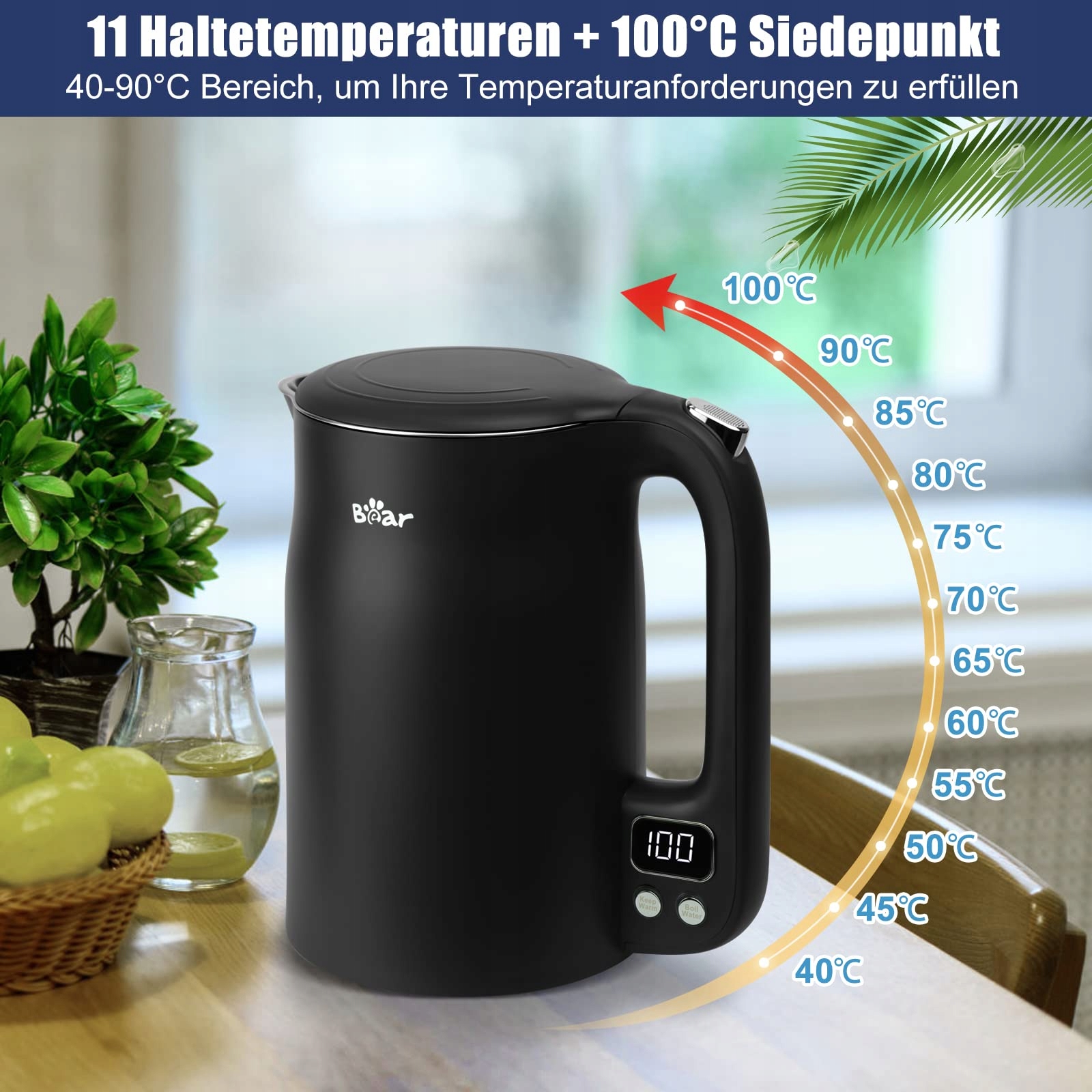 BEAR Czajnik Elektryczny 1.7L 1800W Stal Nierdzewna LCD Temperatury — miniatura 2