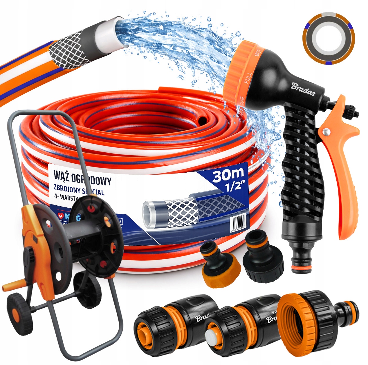 Hadice 1/2" 30 m 4 Vrstvy Special Pistolet Vozík Sada Bradas