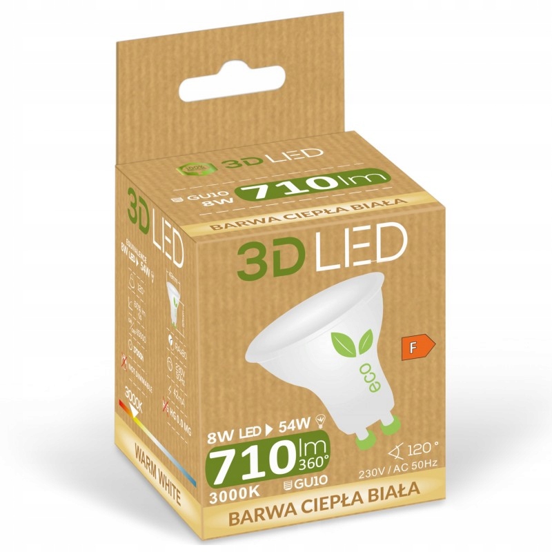 

Żarówka 3D Led reflektor 8W GU10 3000K 710lm 120°