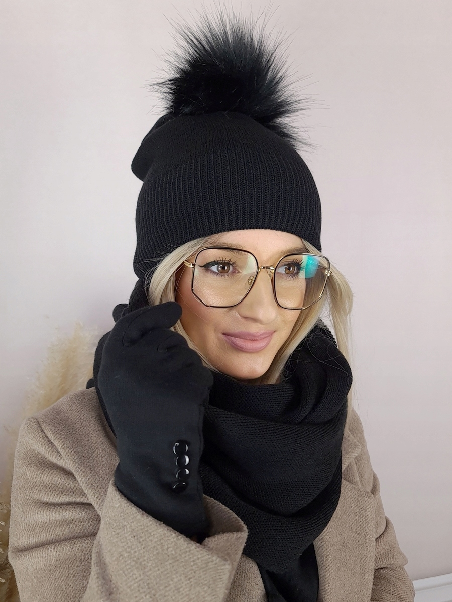 Modny KOMPLET damski CZAPKA + KOMIN + RĘKAWICZKI zimowy CIEPŁY POLSKI Rozmiar uniwersalny