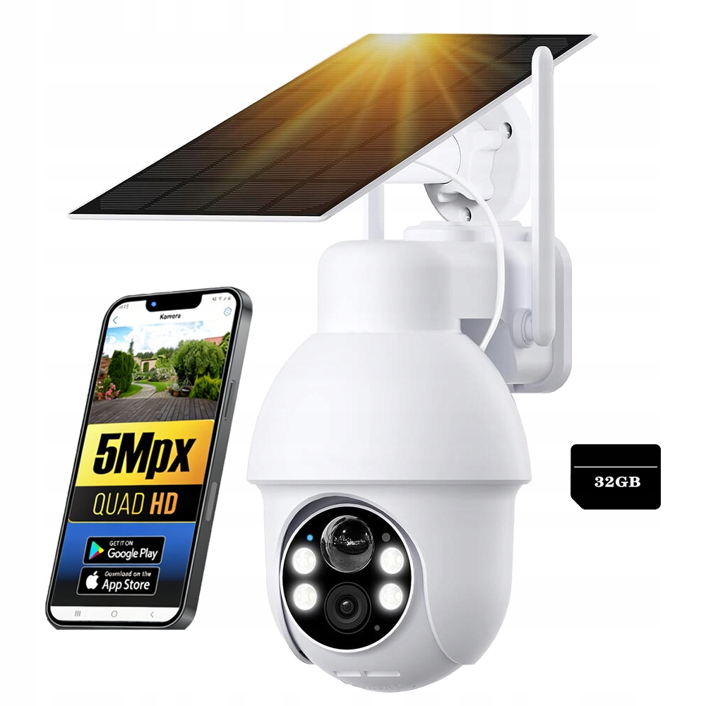 Wifi Solární Kamera 5MPX Venkovní Otočná Ip Bezdrátová S 32GB kartou