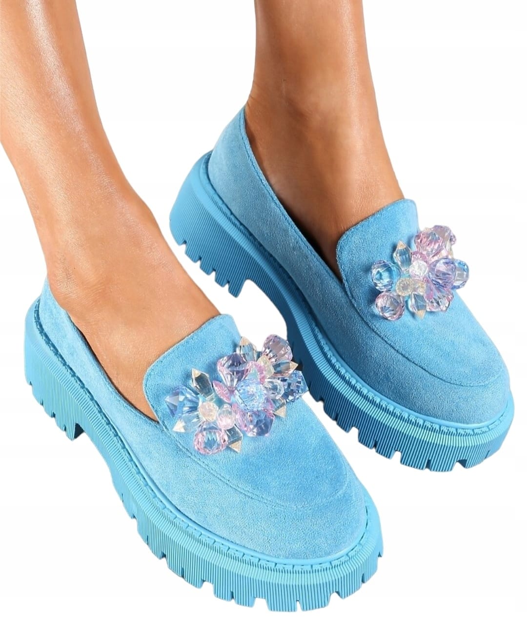 Modré semišové mokasíny s krystaly velikost 40