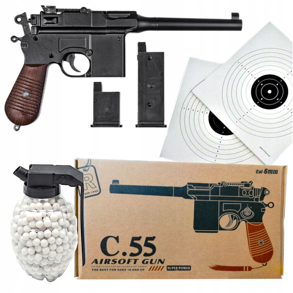 Pistolet Metalowy Na Kulki MAUSER C96 Replika ASG 100% Metal GRANAT 800 szt Wysokość produktu 4.5 cm
