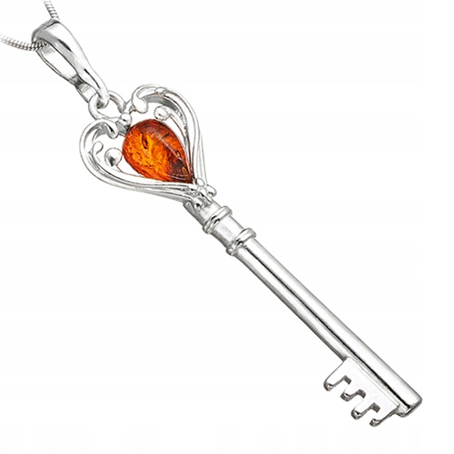 Stříbrný Originální Přívěsek s klíčkem srdce s přírodním Jantarem stříbro 925