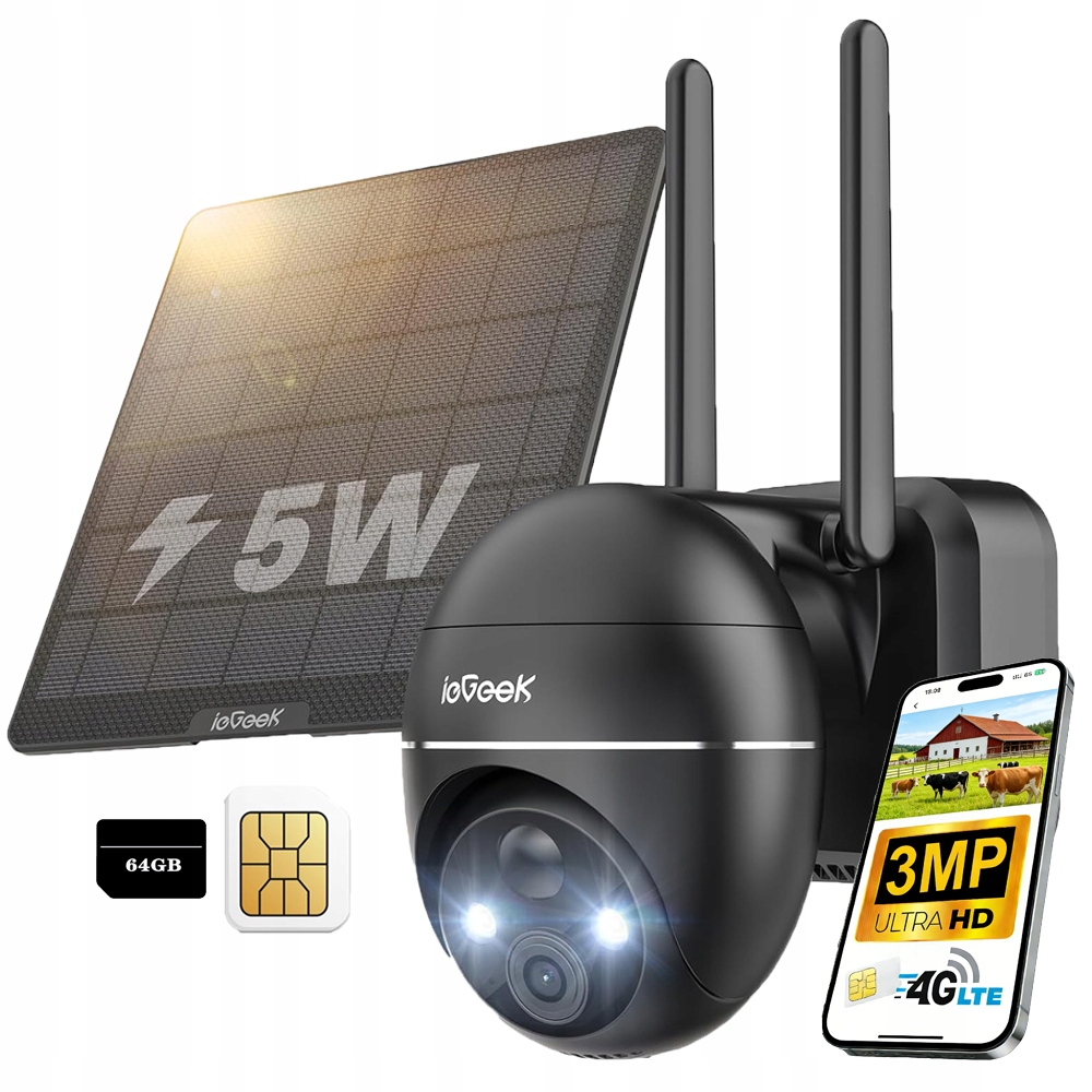 Venkovní solární kamera 2K 3MP Sim karta 4G Lte Otočná Pir s kartou 64 Gb