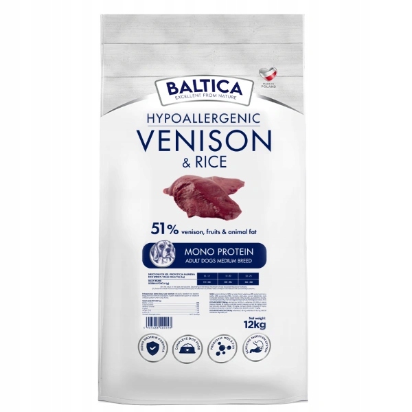 Baltica Hypoallergenic Adult Venison&Rice M 12kg+ przysmaki