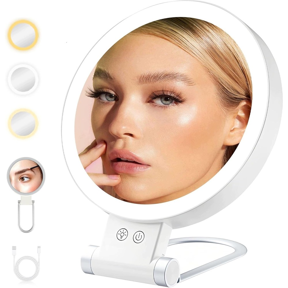 Kosmetické Zrcátko Pro Líčení S Led Podsvícením, Oboustranné, 3 Režimy, Bílé