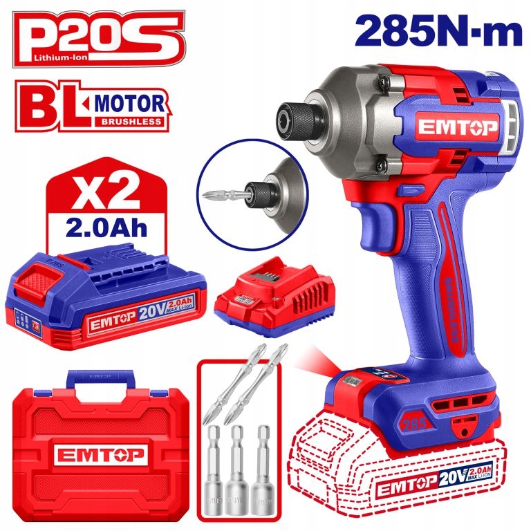 Emtop Úderový skrutkovač 20V 285 Nm P20S 2x2.0Ah ECIRL2028E
