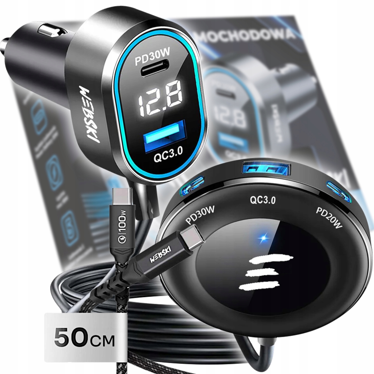 Automobilová Klip Na Sedadlo 98W 2xUSB 3xUSB-C LCD Kabel 50CM